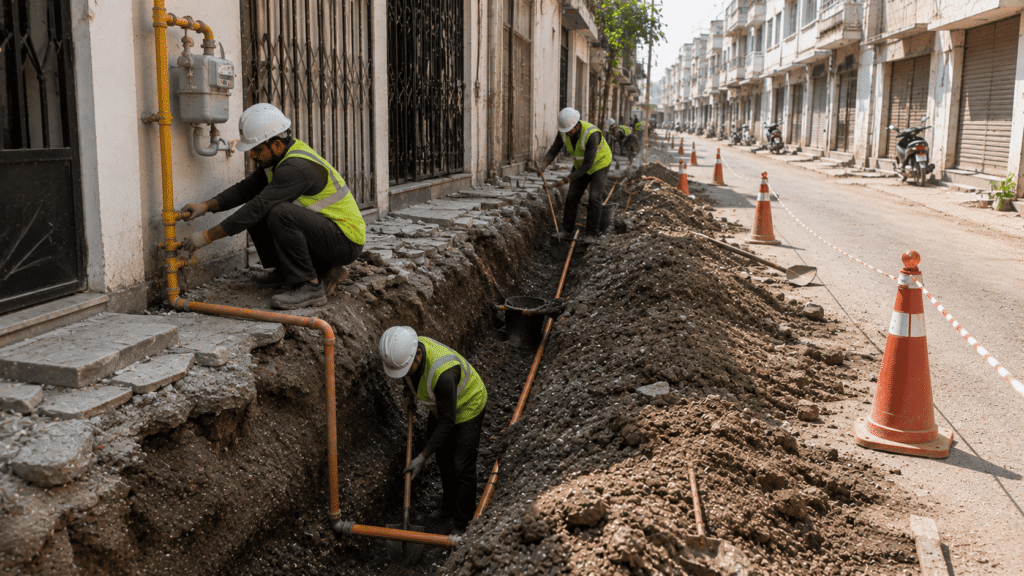 Completed city gas pipeline installation by Sumeru EPC Pvt Ltd for Gujarat Gas in Amreli