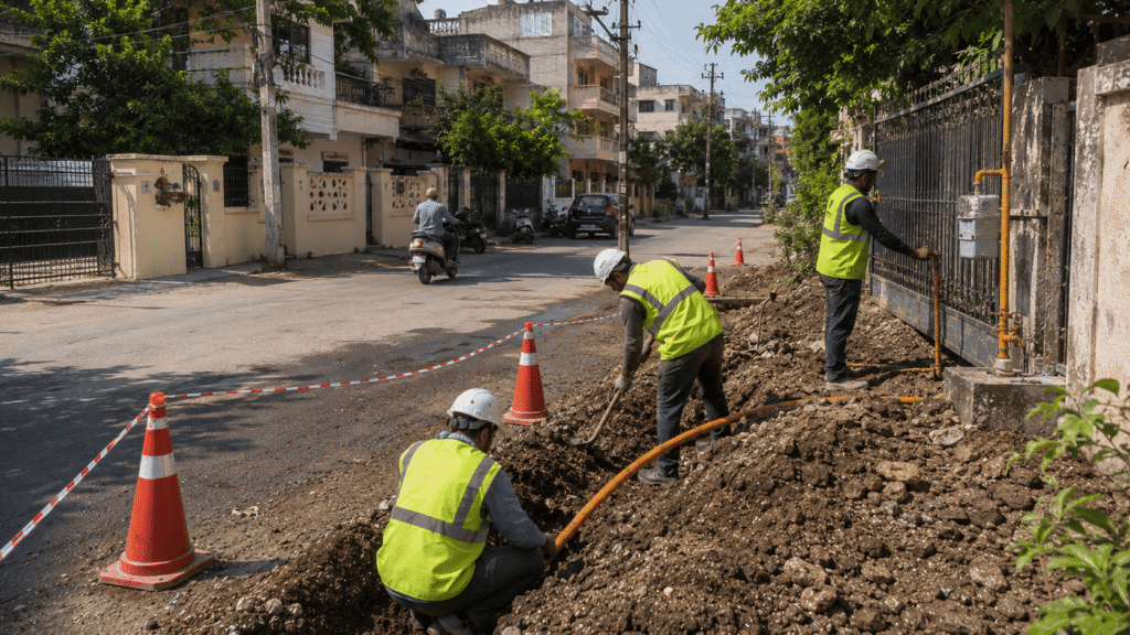 Completed city gas pipeline installation by Sumeru EPC Pvt Ltd for Gujarat Gas in Valsad