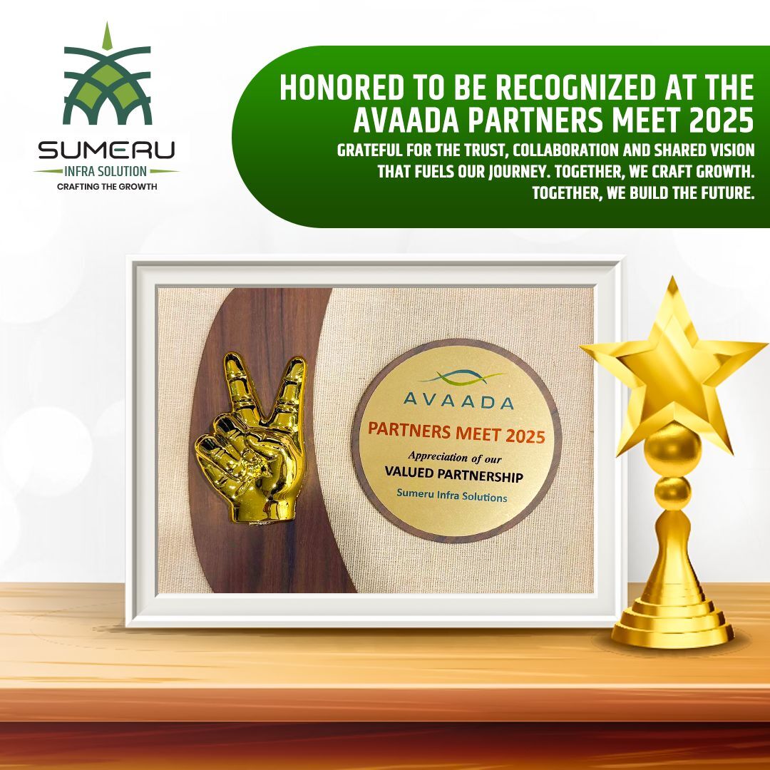 Sumeru Infra Solution receiving recognition at AVAADA Partners Meet 2025 for valued partnership and engineering excellence.