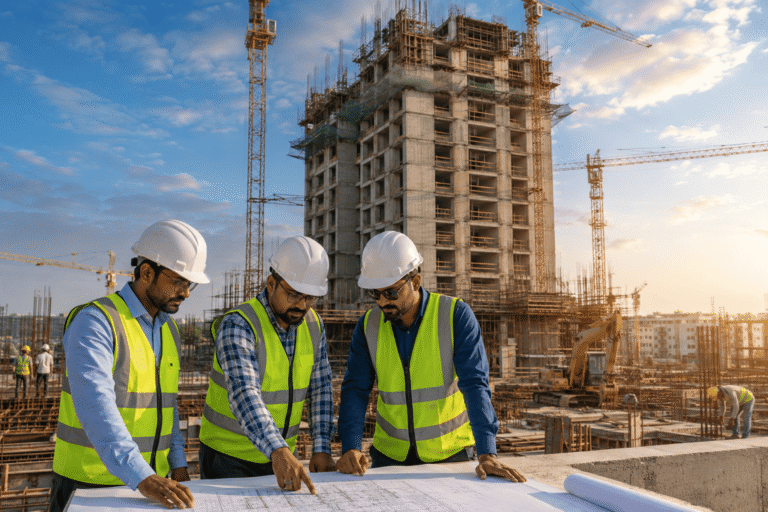 Experienced civil engineers reviewing construction plans at an active high-rise building site in India.