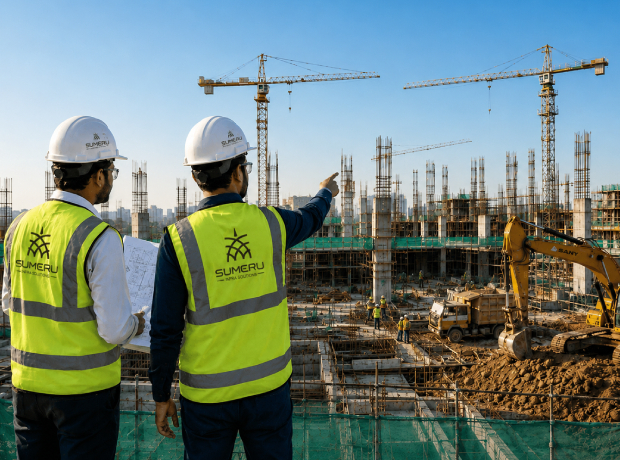 Sumeru EPC engineers reviewing construction plans at a civil infrastructure project