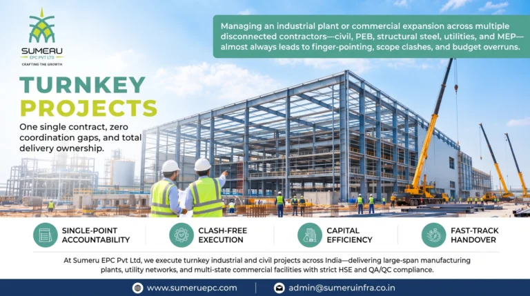 Turnkey industrial EPC construction site showing integrated civil foundations and structural steel execution in India