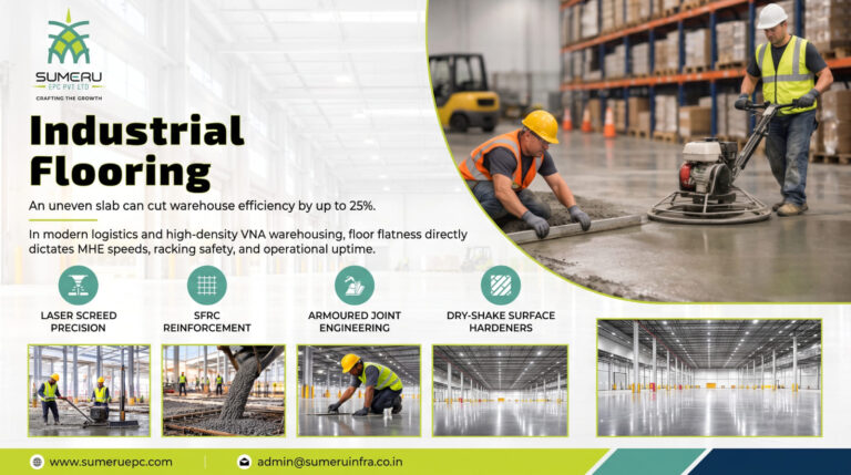 Laser screed precision concrete pouring for industrial flooring and superflat warehouse slabs in India